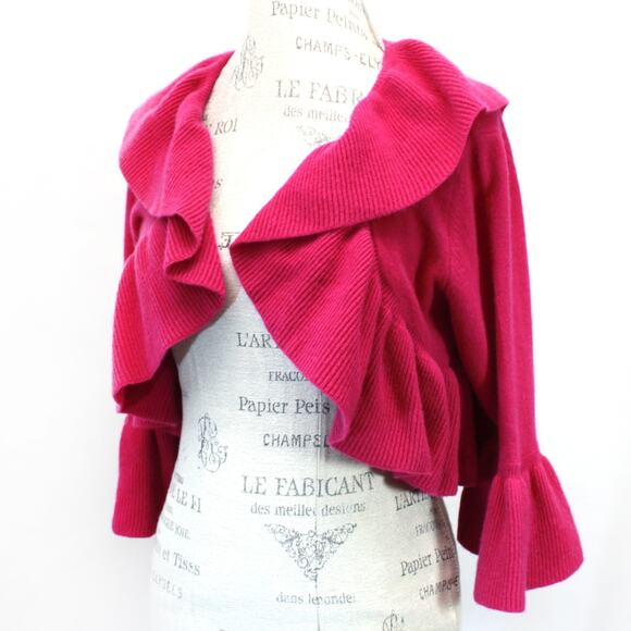Nordstrom Wool Cashmere Ruffle Collar Cropped Jacket Pink Cardigan Vintage Small - Picture 1 of 7